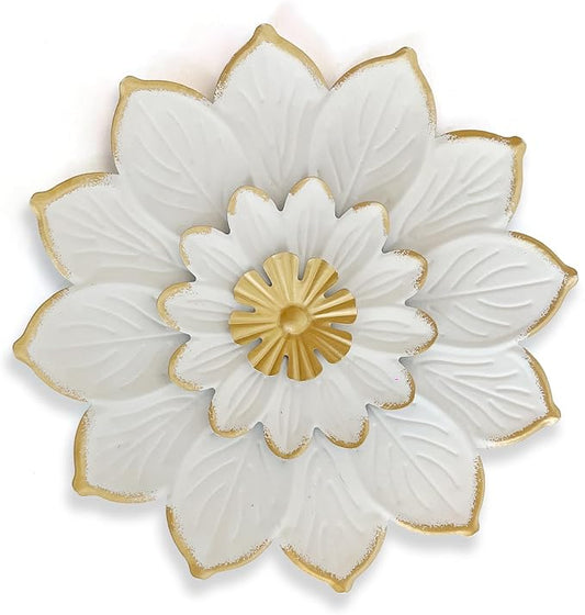 LIFFY 9.2“ White and Gold Metal Flower Wall Art, Modern Rustic Floral Decor for Indoor Living Room Bedroom Office Outdoor Garden Patio Yard