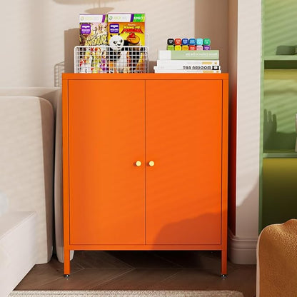 2 Door Metal Storage Cabinet-Small Bathroom Storage Cabinet with 1 Adjustable Shelf,Metal Freestanding Sideboard for Home Office, Living Room, Hallway, Entryway(Metal Door Cabinet, Orange)