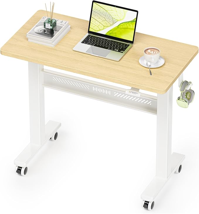WALKINGDESK Mobile Walking Pad Desk with Wheels, Pneumatic Small Rolling Standing Desk Riser Height Adjustable (28-43.7") for Treadmill, Portable Computer Table for Home Office, Oak