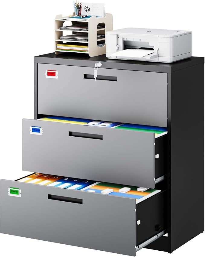 PEUKC 3 Drawer File Cabinet, Lateral Filing Cabinets for Home Office, Office Storage Drawers with Lock, Hanging Files Legal/Letter A4 Size (Assemble Required,Black Grey)