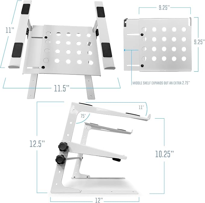 AxcessAbles Two-Tier Adjustable DJ Stand with Clamps | For Controllers and Laptops up to 20lbs.| Controller Stand Compatible with DDJ-REV1, DDJ-FLX4, Party Mix | (LTS-03 White)