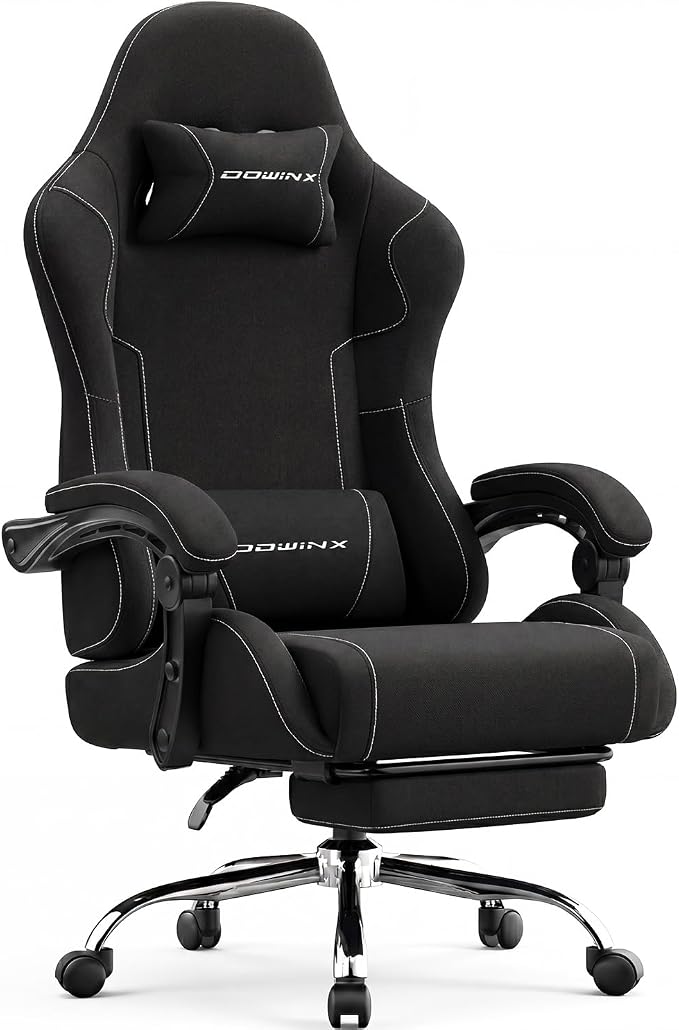 Dowinx Ergonomic Gaming Chair with Footrest & Massage Lumbar, 2D-Linkage Armrests for Computer Chair 330lbs with Headrest Pillow for Office, Home, Streaming and Long Gaming Sessions, Fabric Black