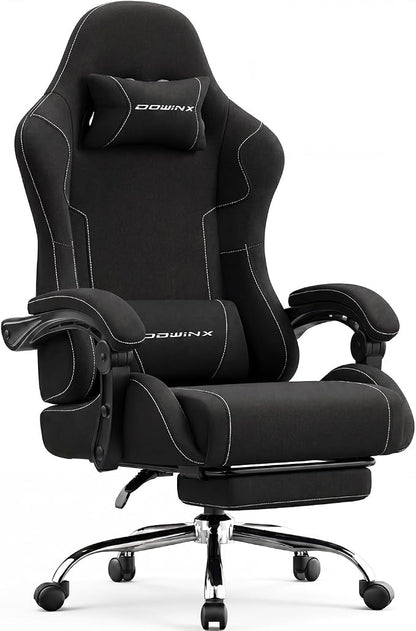 Dowinx Ergonomic Gaming Chair with Footrest & Massage Lumbar, 2D-Linkage Armrests for Computer Chair 330lbs with Headrest Pillow for Office, Home, Streaming and Long Gaming Sessions, Fabric Black