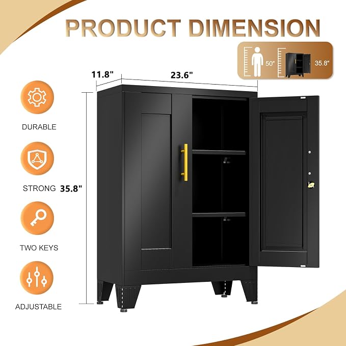 36" Metal Garage Storage Cabinet with Lock,Lockable Office File Cabinet with 2 Doors and 2 Adjustable Shelves,Outdoor Steel Locker Organizer for Home Office,Gym,School,Warehouse(Black)