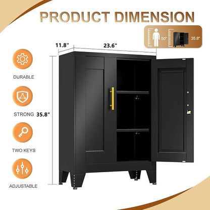 36" Metal Garage Storage Cabinet with Lock,Lockable Office File Cabinet with 2 Doors and 2 Adjustable Shelves,Outdoor Steel Locker Organizer for Home Office,Gym,School,Warehouse(Black)