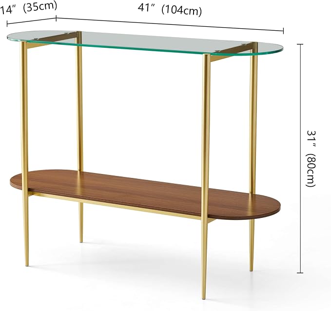 LumFurn Oval Glass Console Table for Living Room, Foyer & Entrance, 2-Tiers Mid-Century Modern Sofa Table with Clear Glass Top, Walnut Finish Wood Shelf and Gold Finish Frame