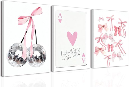 Trendy Pink Bows Wall Art Set of 3 Preppy Coquette Wall Decor Trendy Disco Ball Canvas Posters Prints Girly Aesthetic for College Apartment Bedroom Decoration Framed 16x24 In
