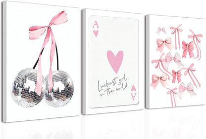 Trendy Pink Bows Wall Art Set of 3 Coquette Preppy Cherry Wall Decor Trendy Disco Ball Canvas Posters Prints Girly Aesthetic for College Apartment Living Room Bedroom Framed 12x16 In