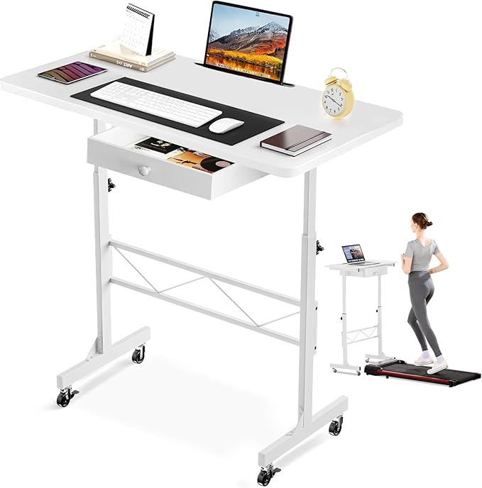 GTPLAYER Small Standing Desk Adjustable Height Small Computer Desk Mobile Portable Rolling Laptop Table with Wheels 32" Computer Workstation Sit Stand Desks Portable Standing Table Treadmill desks
