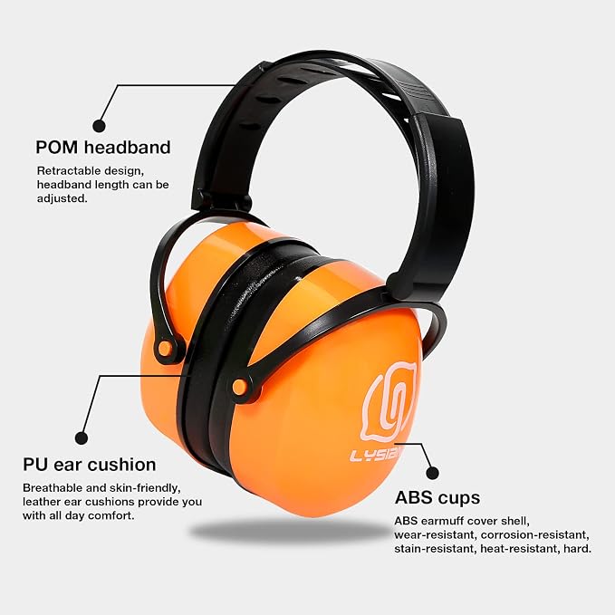 LYSIAN 31dB Hearing Protection Earmuffs, Foldable Adjustable Safety Ear Muffs for Shooting, Construction, Lawn Mowing, Adults