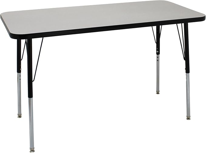 FDP Rectangle Activity School and Office Table (24 x 48 inch), Standard Legs with Swivel Glides, Adjustable Height 19-30 inches; Quick Ship Single Box - Gray Top and Black Edge