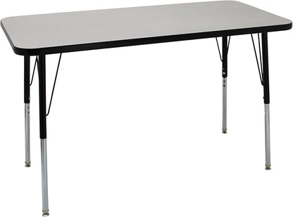 FDP Rectangle Activity School and Office Table (24 x 48 inch), Standard Legs with Swivel Glides, Adjustable Height 19-30 inches; Quick Ship Single Box - Gray Top and Black Edge