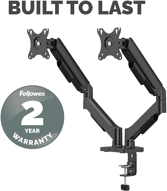 Fellowes Everyday Plus Dual Gas Spring Monitor Arm Holds Two Screens up to 32" Weighing 4.4-19.84 lbs ea, Height Adjusting, Tilt, Swivel, Rotate, VESA 75/100, Clamp or Grommet Mount, Cable Management