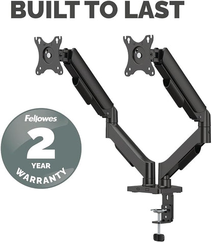 Fellowes Everyday Plus Dual Gas Spring Monitor Arm Holds Two Screens up to 32" Weighing 4.4-19.84 lbs ea, Height Adjusting, Tilt, Swivel, Rotate, VESA 75/100, Clamp or Grommet Mount, Cable Management