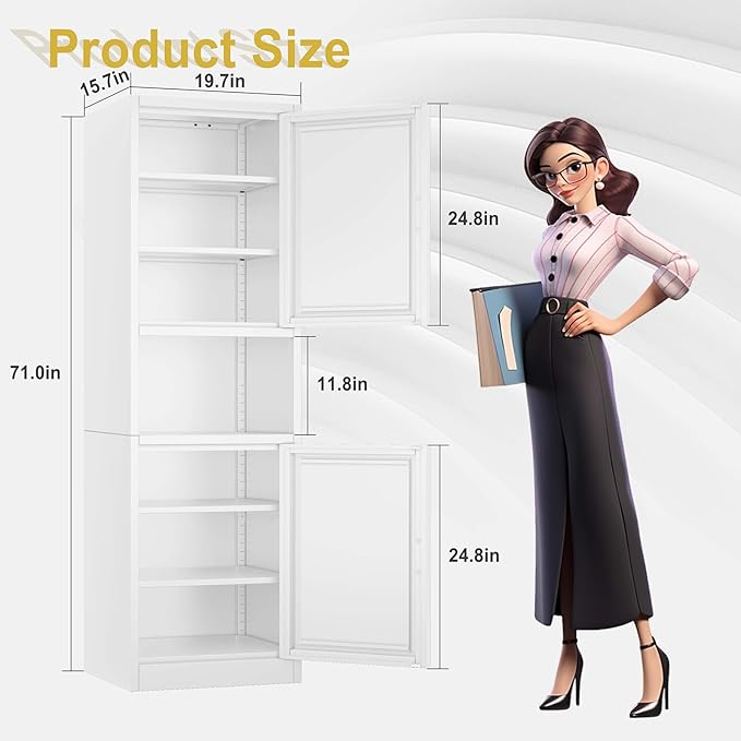 pozdeg 67" Tall Narrow Storage Cabinet, Metal Bathroom Cabinet with 2 Doors & 4 Adjustable Shelves, Freestanding Slim Pantry Organizer for Bathroom Kitchen Living Room (White)