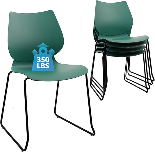 KLASIKA Stackable Waiting Room Chair, Stacking Office Chair with Ergonomic Lumbar Support and Metal Legs, Plastic Desk Chairs for Conference School Church Guest Reception Set of 4, Green