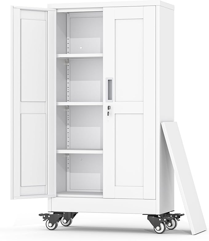 Metal Garage Storage Cabinets and storage system, 46”Tall Rolling utility cabinet with Wheels, Lock, 3 Adjustable Shelves, Heavy Duty Steel Tool Locker for Home Office, Utility Room, Gym,White