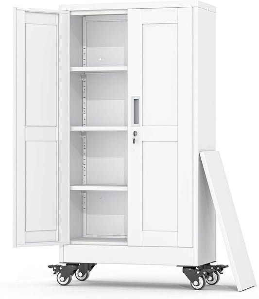 Metal Garage Storage Cabinets and storage system, 46”Tall Rolling utility cabinet with Wheels, Lock, 3 Adjustable Shelves, Heavy Duty Steel Tool Locker for Home Office, Utility Room, Gym,White