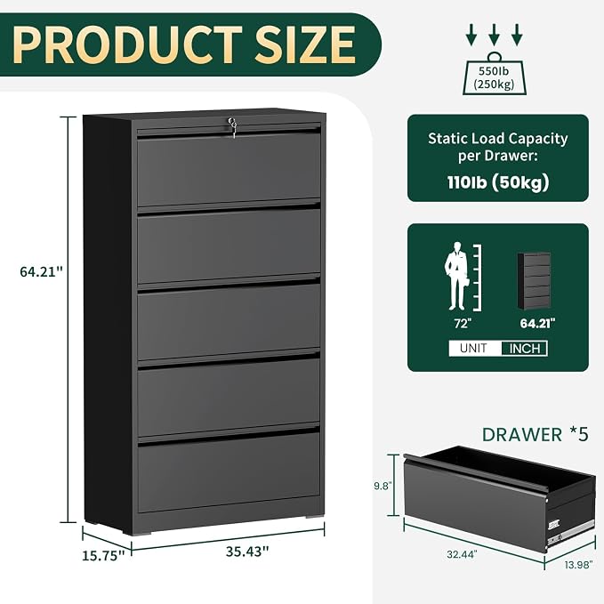 5 Drawer Lateral File Cabinet with Lock, Horizontal Metal File Cabinets for Home Office, Heavy Duty Large Filing Storage Cabinet, Steel Wide File Cabinet for Legal/A4/F4, Require Assembly-Black