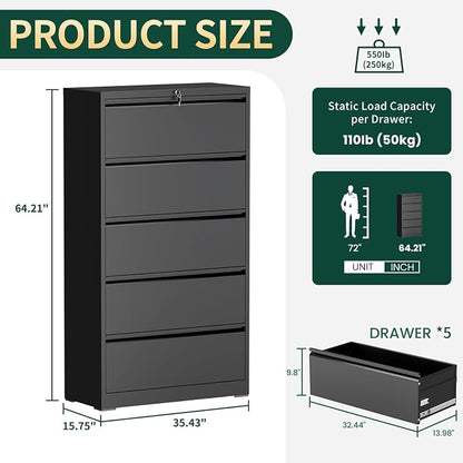 5 Drawer Lateral File Cabinet with Lock, Horizontal Metal File Cabinets for Home Office, Heavy Duty Large Filing Storage Cabinet, Steel Wide File Cabinet for Legal/A4/F4, Require Assembly-Black