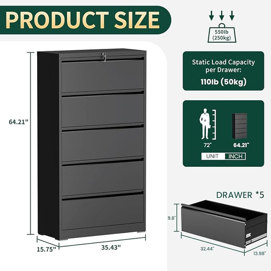 5 Drawer Lateral File Cabinet with Lock, Horizontal Metal File Cabinets for Home Office, Heavy Duty Large Filing Storage Cabinet, Steel Wide File Cabinet for Legal/A4/F4, Require Assembly-Black