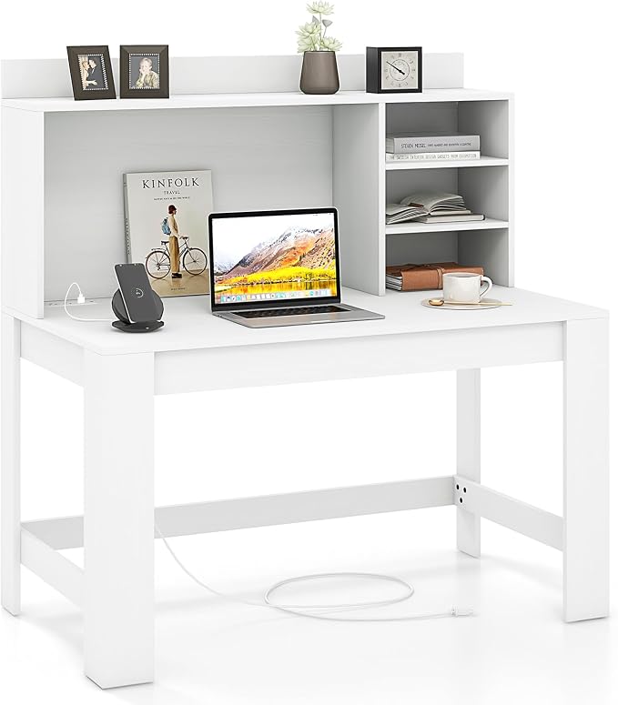 Giantex Computer Desk with Hutch, Modern Home Office Desk with Power Outlets, Storage Shelves & Cable Hole, Makeup Vanity Table, Study Writing Desk for Bedroom Office Small Space, White