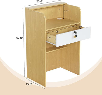 OmySalon Reception Desk with Counter, Small Front Checkout Desk w/Lockable Drawer, Wooden Modern Reception Table for Salon Lobby Office Home (Original Wood, 24)