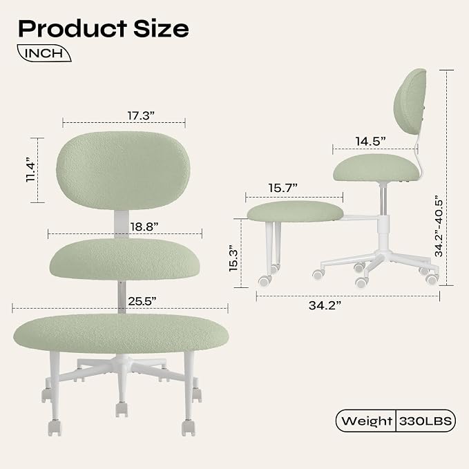 Pinmoco Ergonomic Cross Legged Office Chair with Wheels, ADHD Chair for Adults, Meditation Chair, Yoga Office Chair, Comfortable Back Support, Height Adjustable,Small Spaces, Teddy Fabric, Green