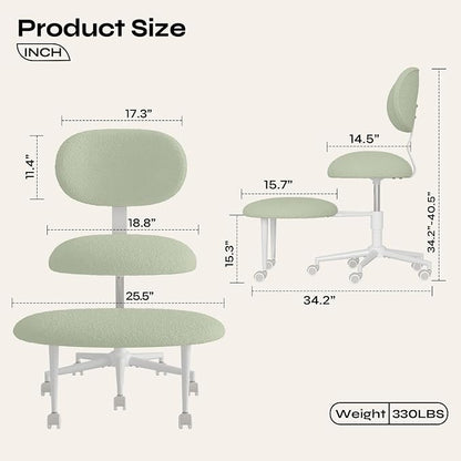 Pinmoco Ergonomic Cross Legged Office Chair with Wheels, ADHD Chair for Adults, Meditation Chair, Yoga Office Chair, Comfortable Back Support, Height Adjustable,Small Spaces, Teddy Fabric, Green