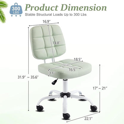 VINGLI Compact Small Desk Chair, Cute Armless Chair with Wheels, Vanity Chair with Low Back, Height Adjustable Task Chair for Small Spaces, Office, Bedroom, Make Up Room, PU Leather, Mint Green