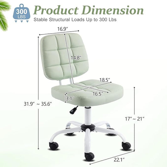 VINGLI Compact Small Desk Chair, Cute Armless Chair with Wheels, Vanity Chair with Low Back, Height Adjustable Task Chair for Small Spaces, Office, Bedroom, Make Up Room, PU Leather, Mint Green
