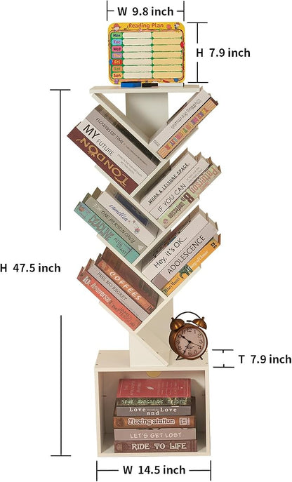7 Tier Tree Book shelf, Small Bookcase with Reading Planner and Activity Panel, Modern Floor Standing Corner Tall Narrow Storage Cabinet Bookshelves for Home Office Bedroom Living Room (White)