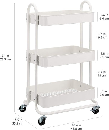 Amazon Basics 3-Tier Rolling Utility Cart, Storage Organizer, Lockable Wheels, Multifunctional Storage, Portable Mobile Shelving Unit, White