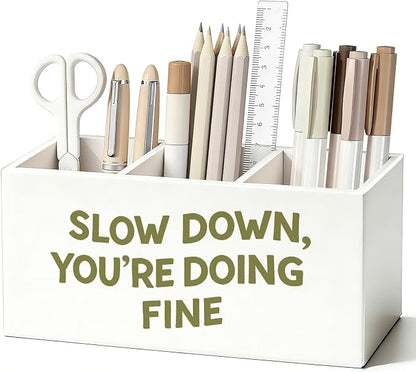 Inspirational Pen Pencil Holder for Desk, Inspirational Gifts for Women Men, Slow Down You're Doing Fine Motivational Wooden Box Sign Decorations for Home Classroom Office Desk Tabletop