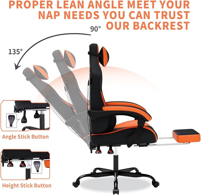 Gaming Chair with Massage,Ergonomic PC Gaming Chair with Footrest Comfortable Headrest and Lumbar Support,High Back Game Chair PVC Leather,300LBS (Black&Orange)