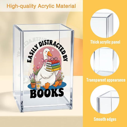 Easily Distracted By Books Acrylic Organizer Pencil Pen Holder, Cute Goose Book Stack Design Desk Storage Organizer, Bookworm Gifts for Book Goose Lover Bibliophile Librarian Books Club Member