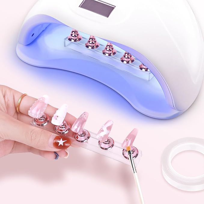 JUSTOTRY 4 Sets Pink Nail Painting Practice Stand With 1M Double-sided Tape Acrylic Fake Nail Art Holder For Press Ons Magnetic Nail Display Design Tools Kit Accessories For Home Diy Salon Supplies