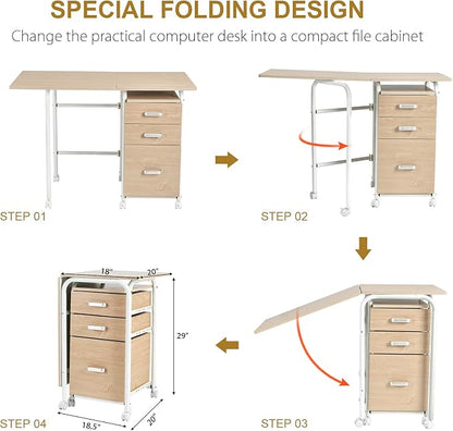 Tangkula Folding Computer Desk with 3 Storage Drawers, Mobile Home Office Desk Study Writing Desk with Smooth Wheels, Space Saving Compact Desk for Dorm Apartment, Rolling Folding Desk Table