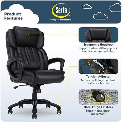 Serta Garret Executive Office Chair, Ergonomic Mid-Back with Lumbar Support, Semi-Plush Cushion and Body Pillows, Padded Armrests, Swivel Base, Bonded Leather, Space Black
