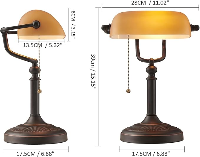 Matted Orange Glass Bankers Desk Lamp with Pull Chain Switch Plug in Fixture | Pull Chain Switch Plug in Fixture