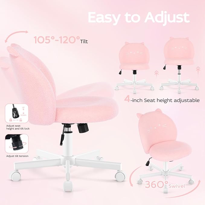 Vanity Chair with Cat Back,Armless Desk Chair Cute Small Office Chair,Teddy Fabric Computer Chair with Adjustable Height,120°Tilting,Rolling,Swivel for Vanity,Kids Room,Office,Bedroom Pink