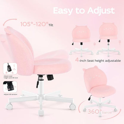 Vanity Chair with Cat Back,Armless Desk Chair Cute Small Office Chair,Teddy Fabric Computer Chair with Adjustable Height,120°Tilting,Rolling,Swivel for Vanity,Kids Room,Office,Bedroom Pink