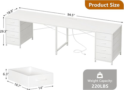 YOMILUVE 95'' Two Person Desk with 8 Drawers, Long Computer Desk with Charging Station, 2 Person Desks Double Desk Writing Study Table for Home Office, White