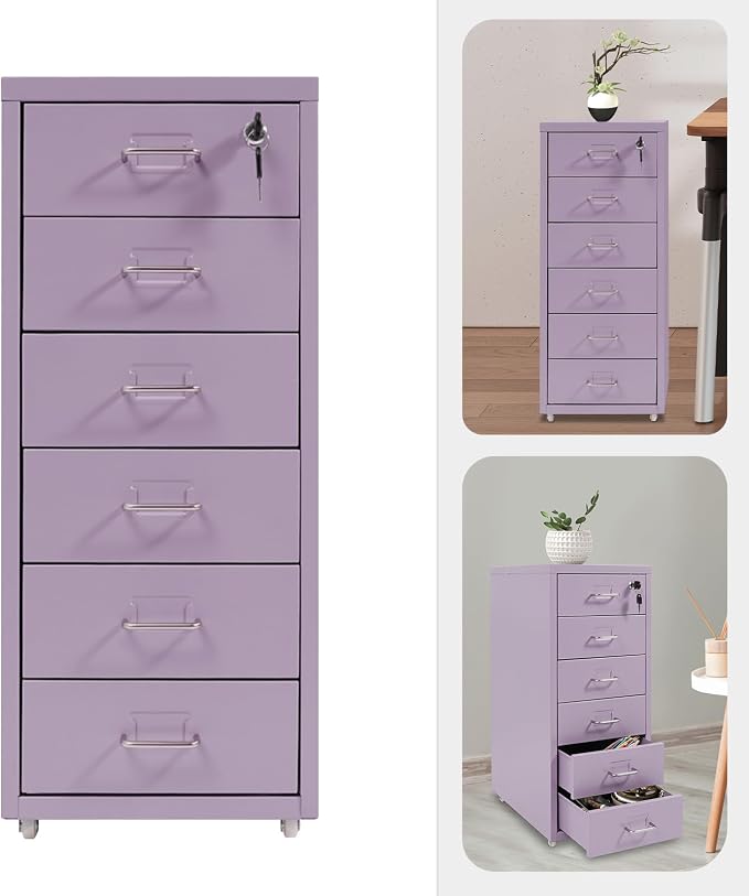 Vertical File Cabinet, 6 Drawers Rolling File Organizer Cabinets with Lock, Heavy Duty Metal Storage Cabinet, Movable Under Desk Filing Cabinet for Office, Study, Dresser (Purple)