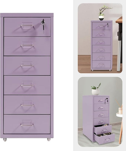Vertical File Cabinet, 6 Drawers Rolling File Organizer Cabinets with Lock, Heavy Duty Metal Storage Cabinet, Movable Under Desk Filing Cabinet for Office, Study, Dresser (Purple)