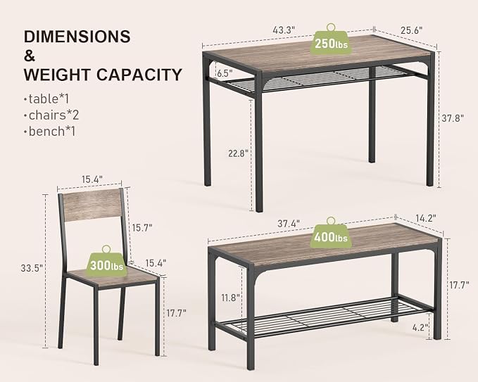 Gizoon Kitchen Table and 2 Chairs for 4 with Bench, 4 Piece Dining Table Set for Small Space, Apartment