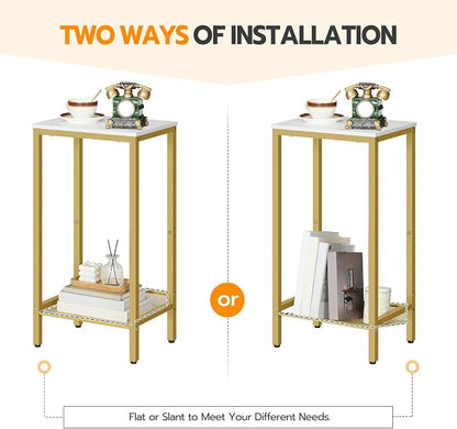 HOOBRO Tall Side Table, Industrial End Telephone Table with Adjustable Mesh Shelves, Small Tall Nightstand for Living Room, Bedroom, Entryway, Office, White and Gold DW03DH01