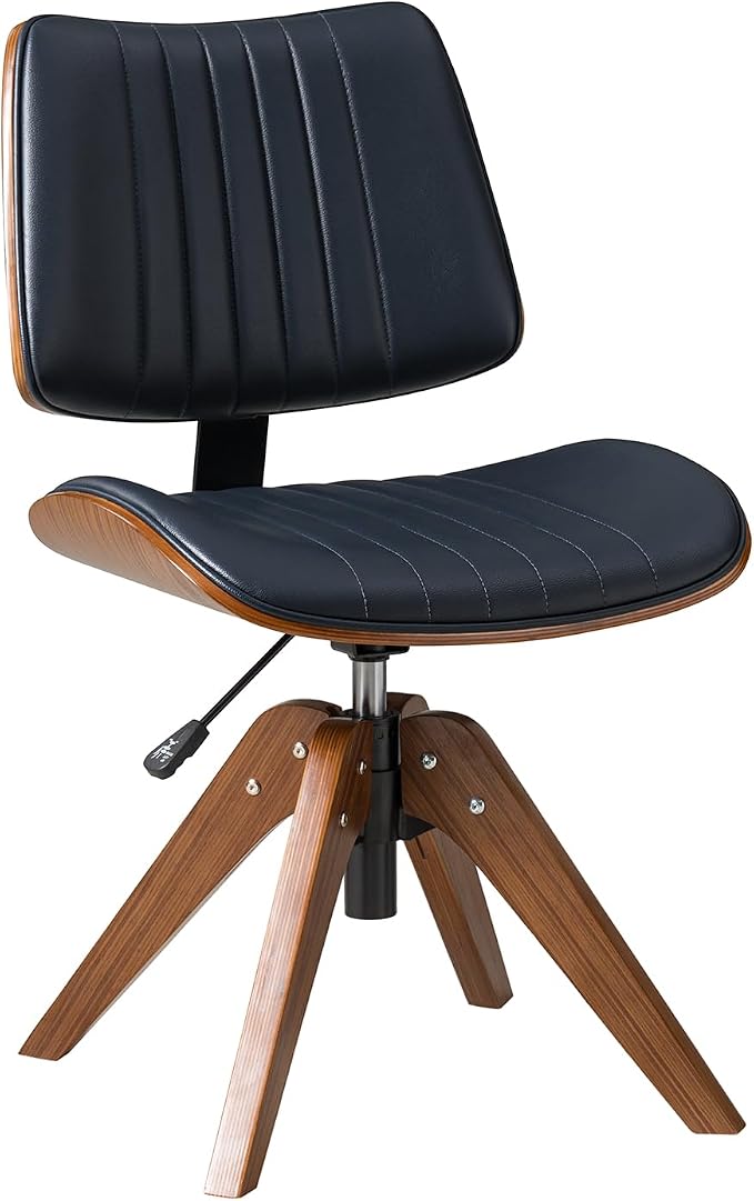 HULALA HOME Faux Leather Home Office Chair with Solid Wood Legs, 360° Swivel Desk Chair No Wheels with Bentwood Design, Mid-Century Modern Wide Seat Computer Task Chair, Navy