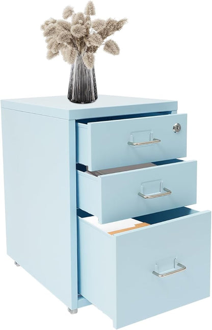 3-Drawer Vertical File Cabinet, 11*16*18.3in Rolling File Cabinet, Mobile Organizer Storage Cabinet with Lock, Office Filing Storage Cabinet Under Desk fits A4 Size, for Home Office (Blue)