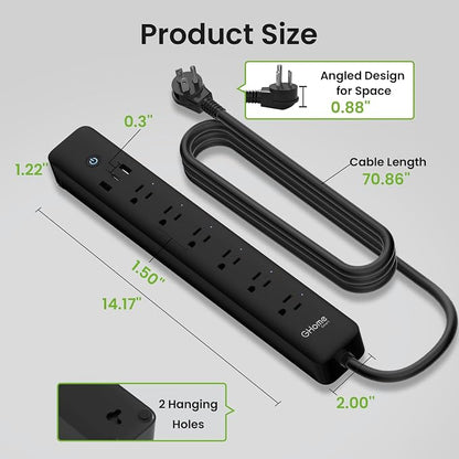 GHome Smart Power Strip 15A, 2.4G WiFi Smart Plugs That Work with Alexa & Google Home, Surge Protector Flat Plug with 6 APP Control WiFi Outlets, FCC Listed, 7.18 Ft Flat Extension Cord, No Hub Needed